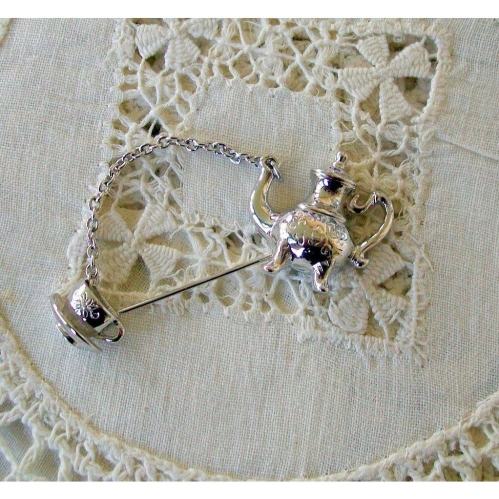 A Teapot Pouring into a Teacup Vintage Stickpin Silver Tone Avon